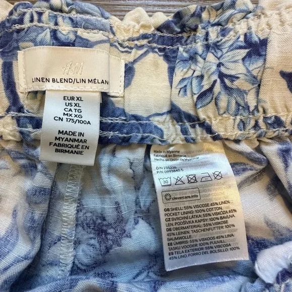 H&M Women’s Blue and Cream Linen Blend Hawaiian Floral Flowy Shorts Size XL - Picture 5 of 9
